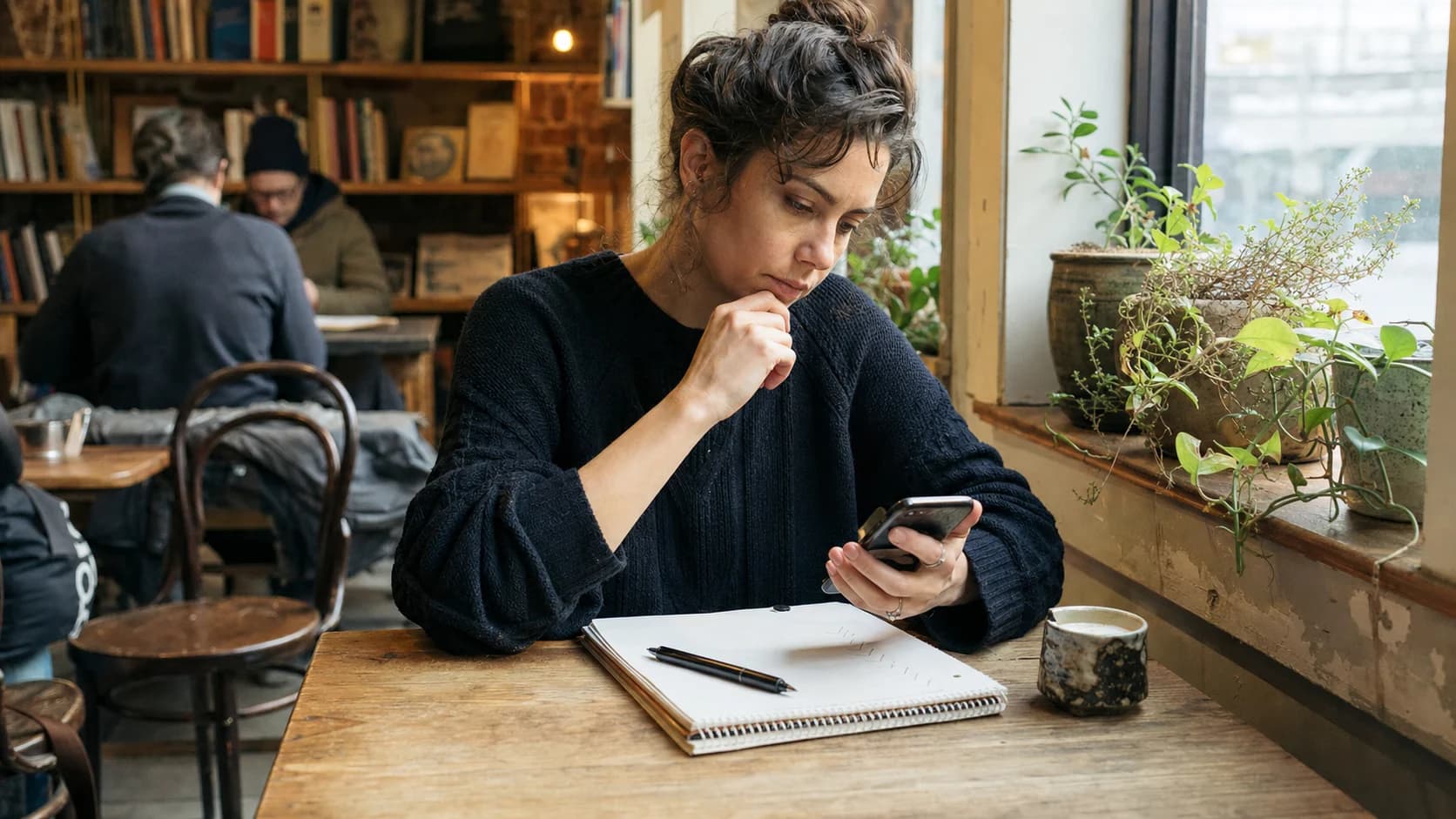A woman comparing phone apps at a window-side table in an independent bookstore cafe