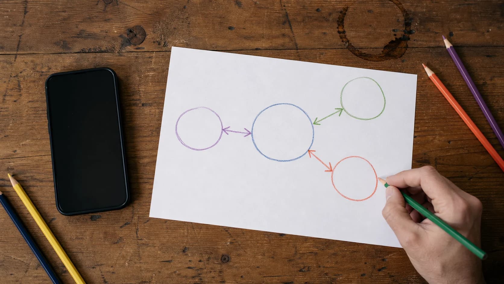 A top-down view of a phone beside a hand-drawn communication diagram and colored pencils
