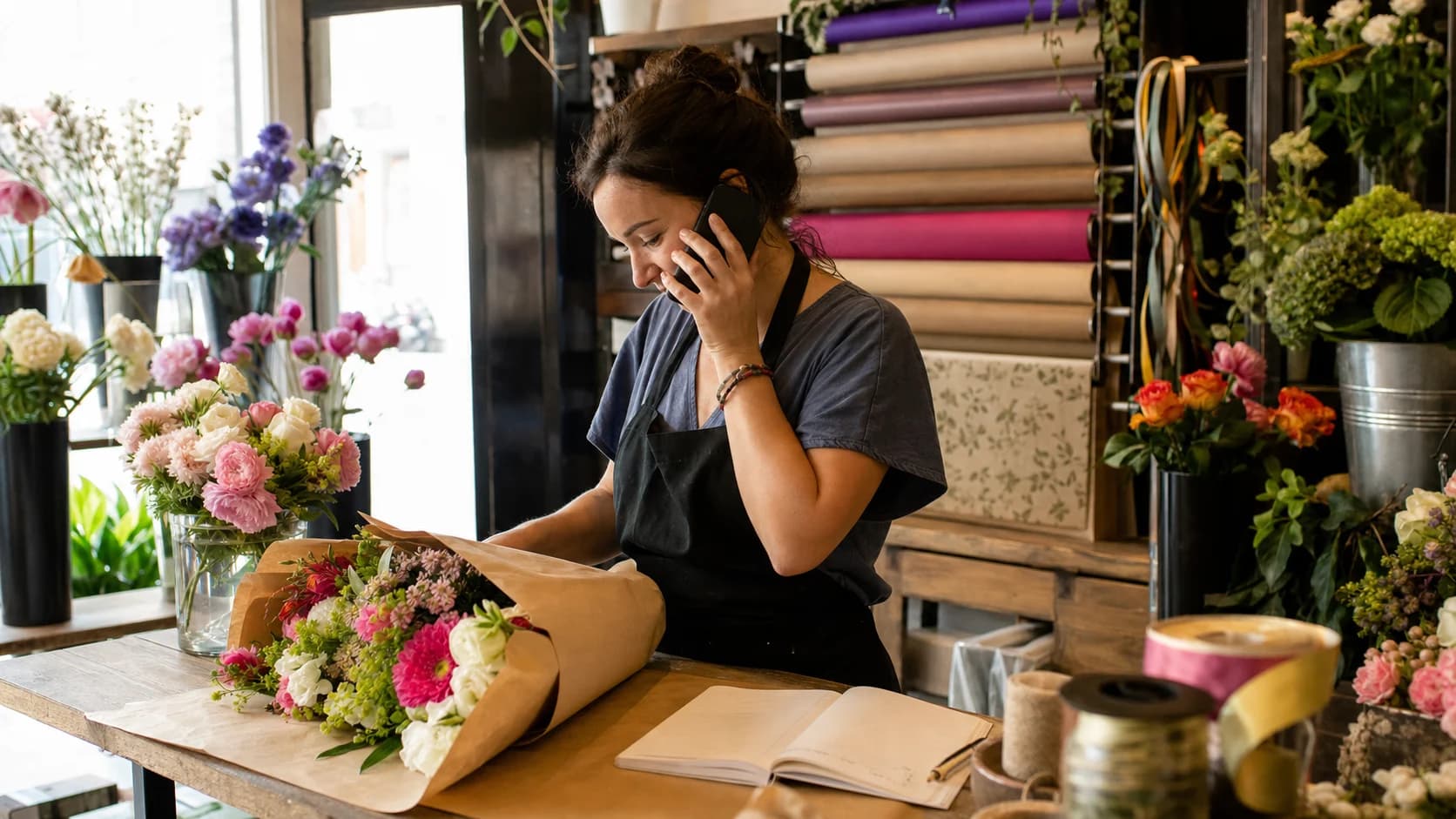 A florist answering a phone beside wrapped flowers and an order notebook in a neighborhood shop