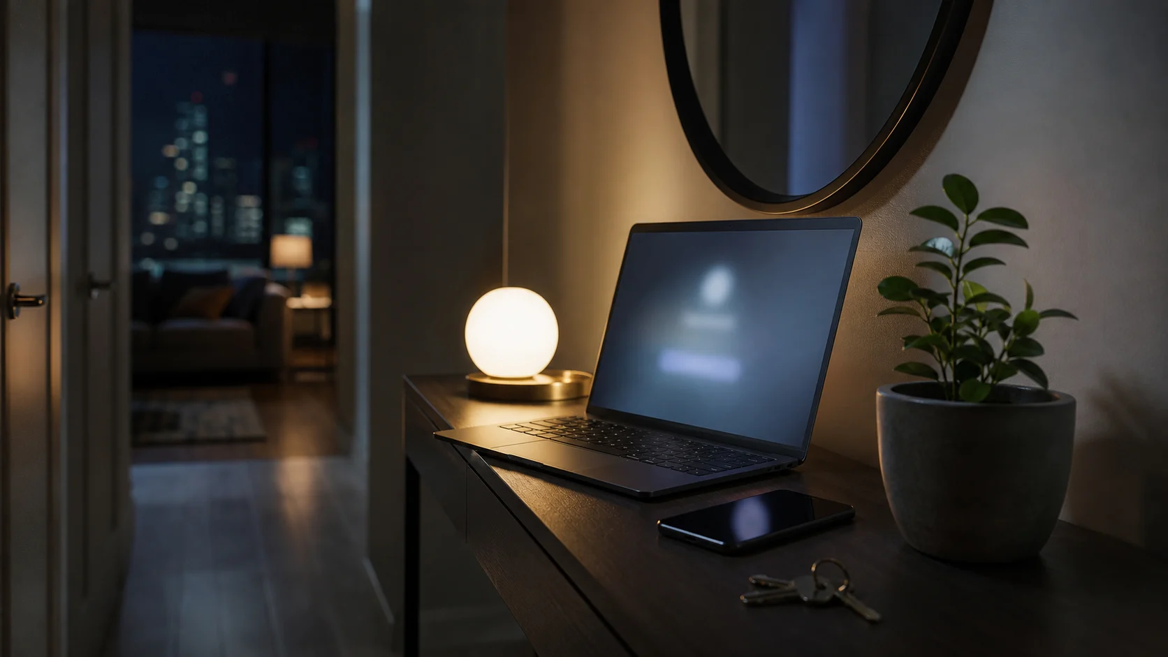 A person checking a phone while a laptop login page remains blurred in the background