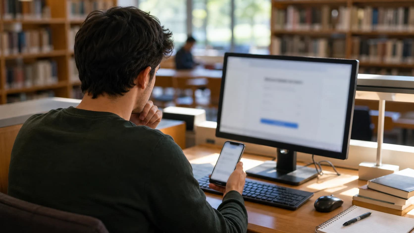 A person checking a phone beside a library computer during an online registration