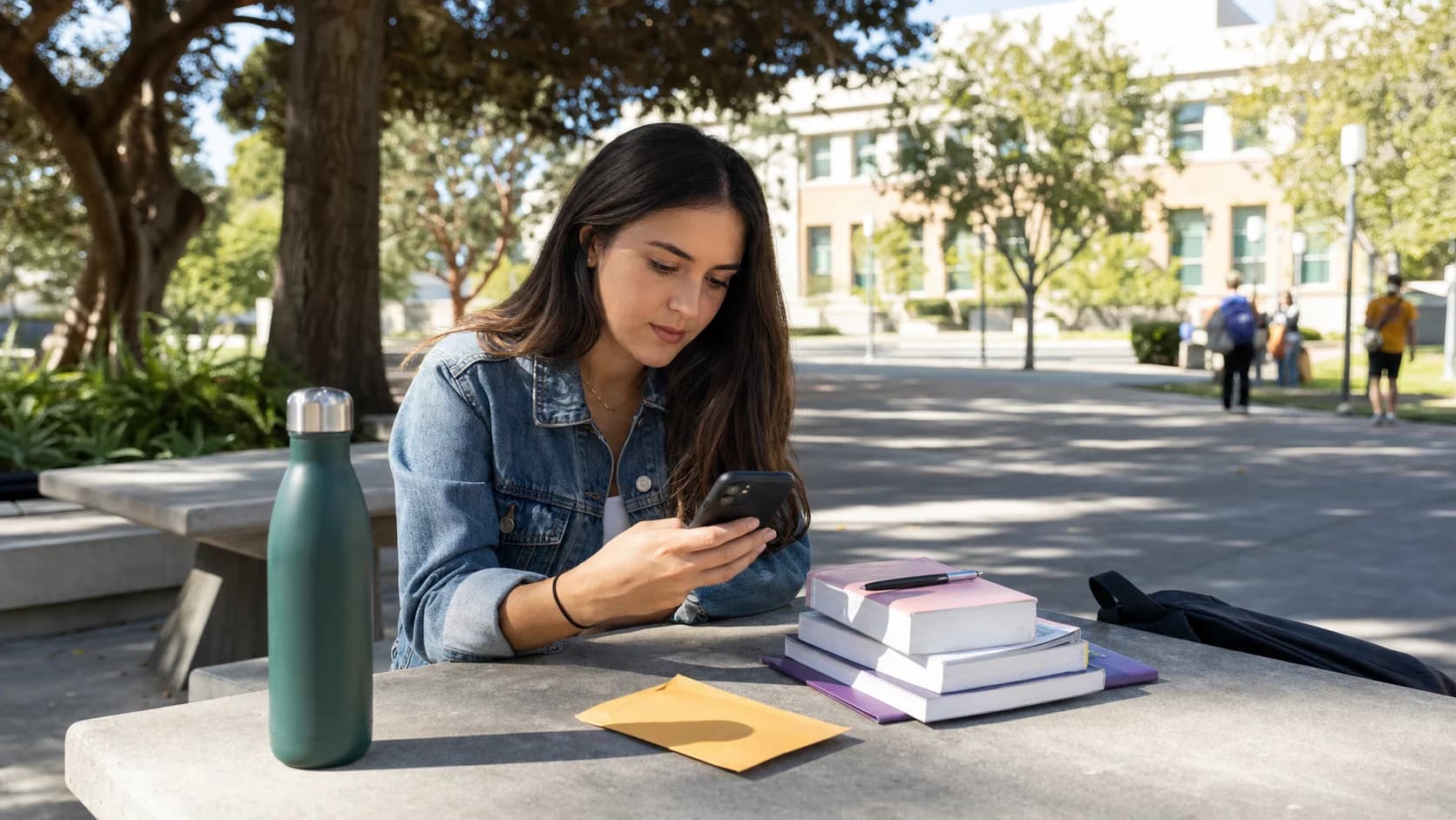 A college-age woman checking her phone beside textbooks and a small cash envelope in a campus courtyard