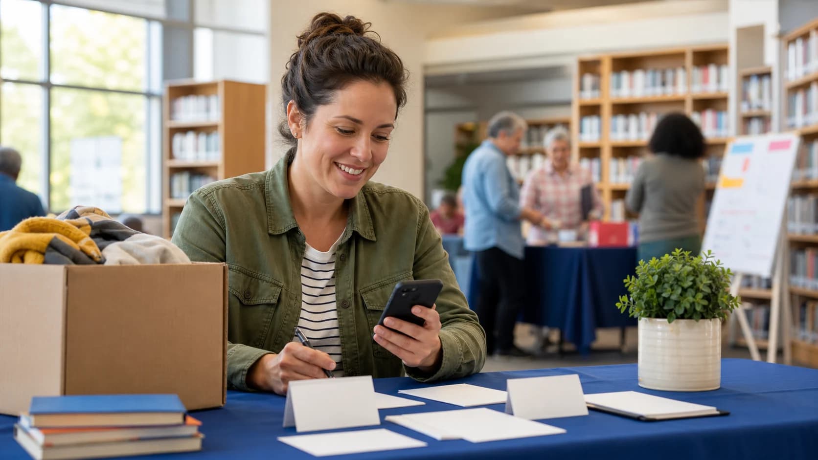A community volunteer using a phone in a bright public library meeting room