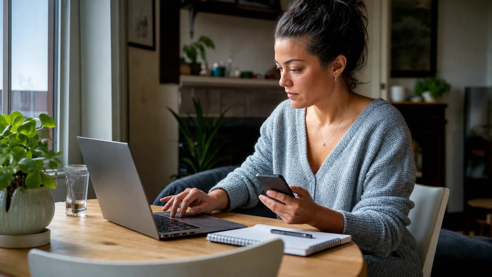 A woman comparing phone-number options on her smartphone and laptop at home