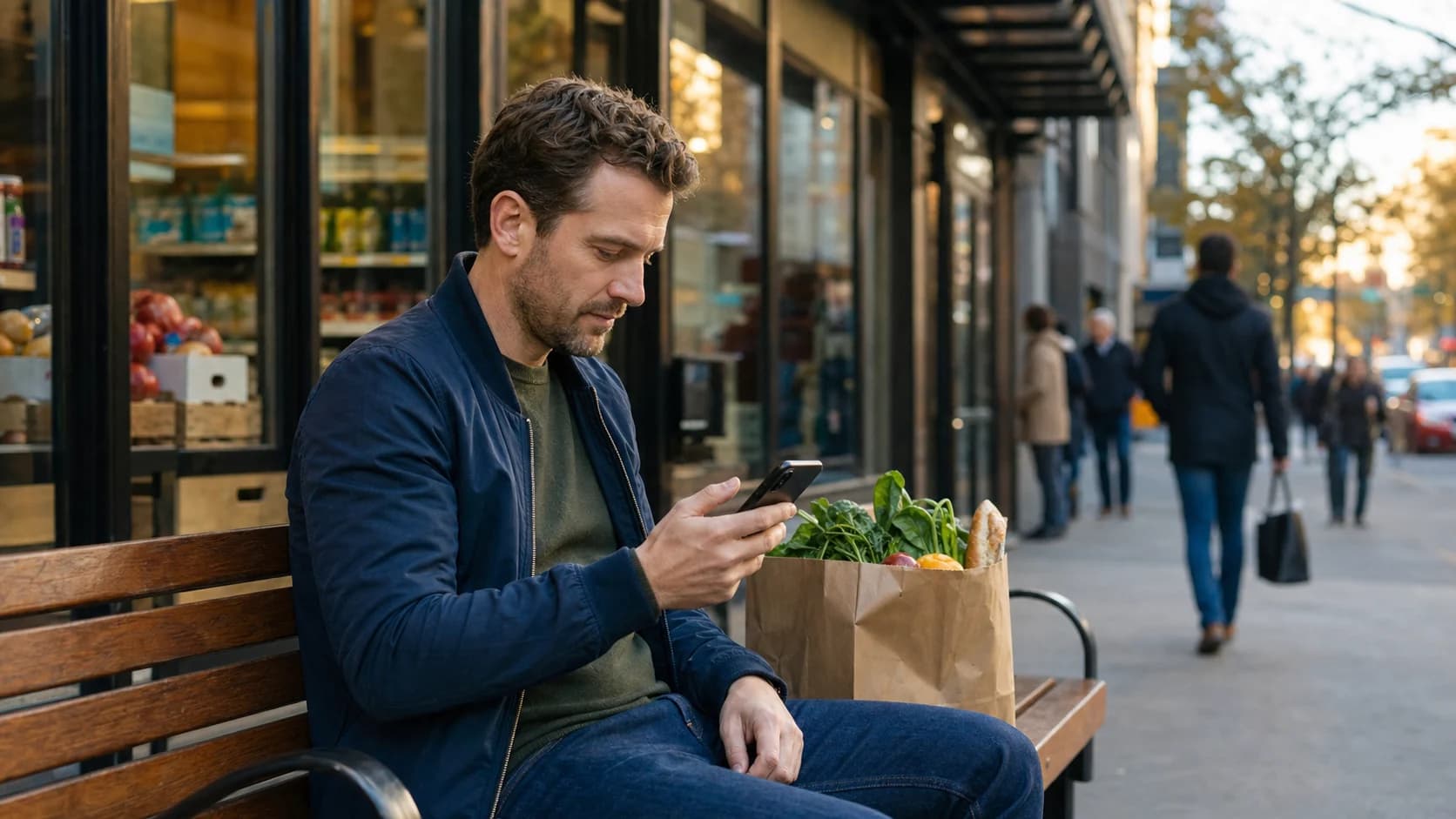 A man comparing phone-number options on a bench outside a neighborhood grocery store