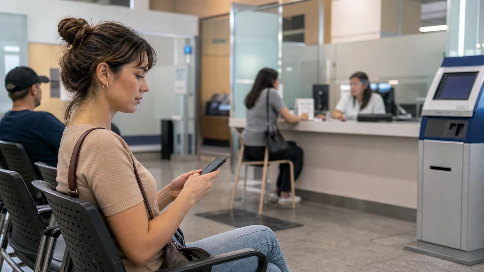 A woman waiting for a message on her phone while completing a form at a municipal service counter