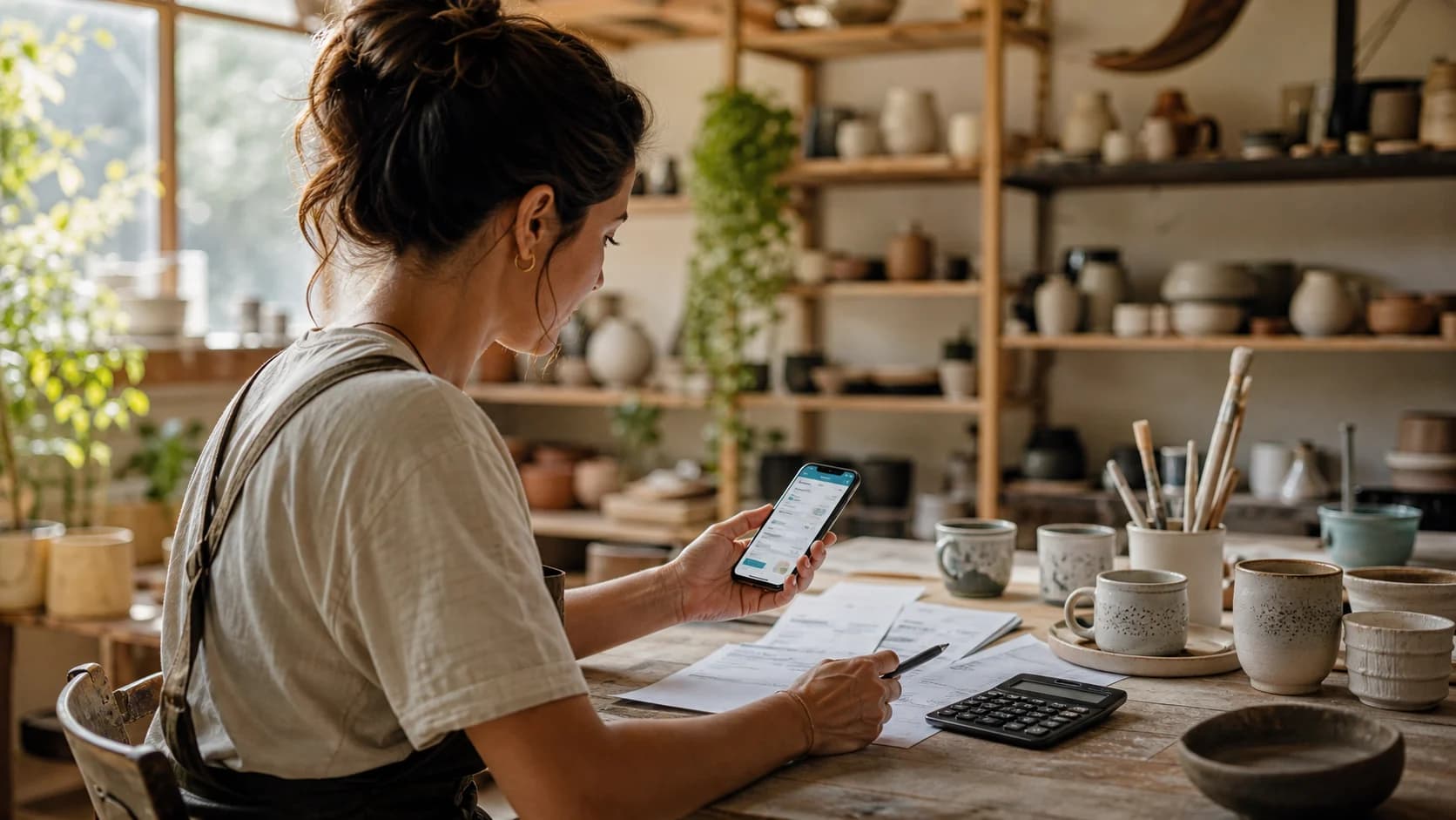 A freelancer checking a calculator and phone beside invoices in a small ceramics studio