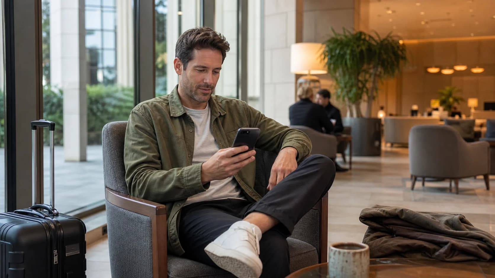 A traveler reviewing phone options in a bright hotel lobby with a carry-on beside him