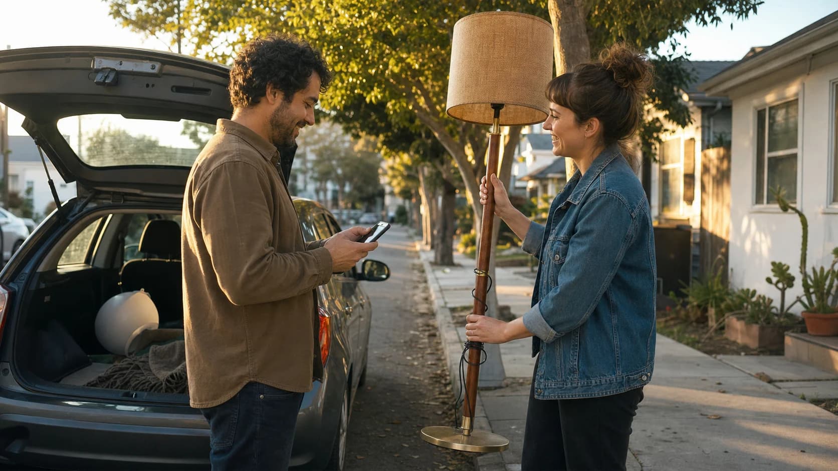 Two adults coordinating the pickup of a used floor lamp outside an apartment building