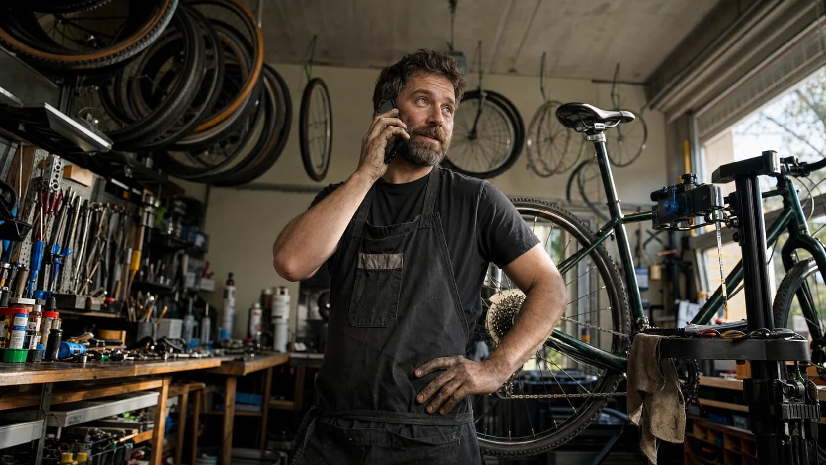 A self-employed bicycle mechanic returning a call beside a repair stand