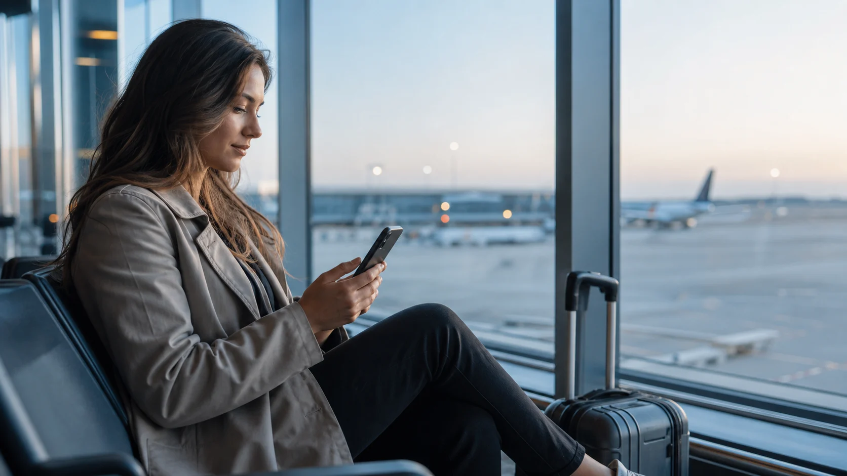 A traveler reviewing a phone before boarding in a bright airport waiting area