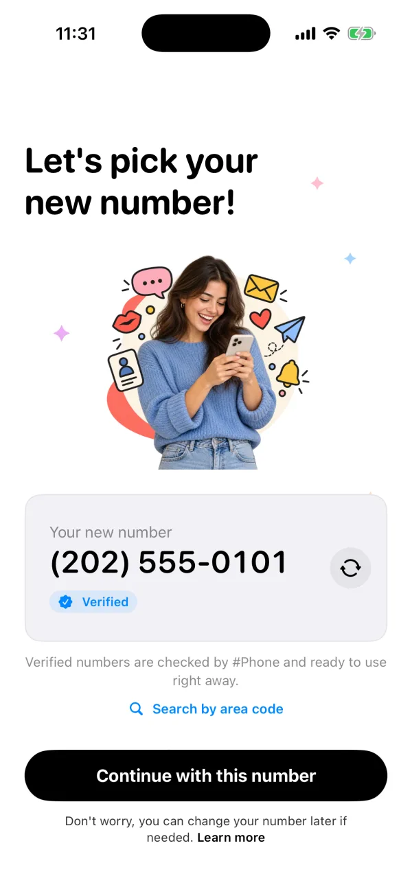 HashPhone number picker on iPhone suggesting a verified (202) 555-0101 number
