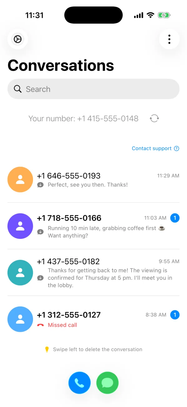 HashPhone inbox on iPhone showing the second number and recent conversations