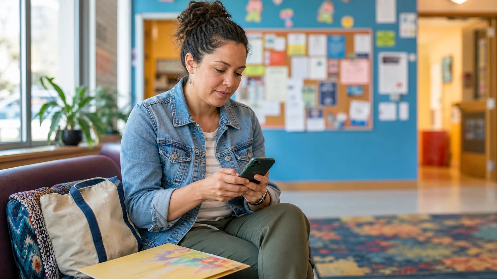 A parent completing an online registration on a tablet at a busy community center