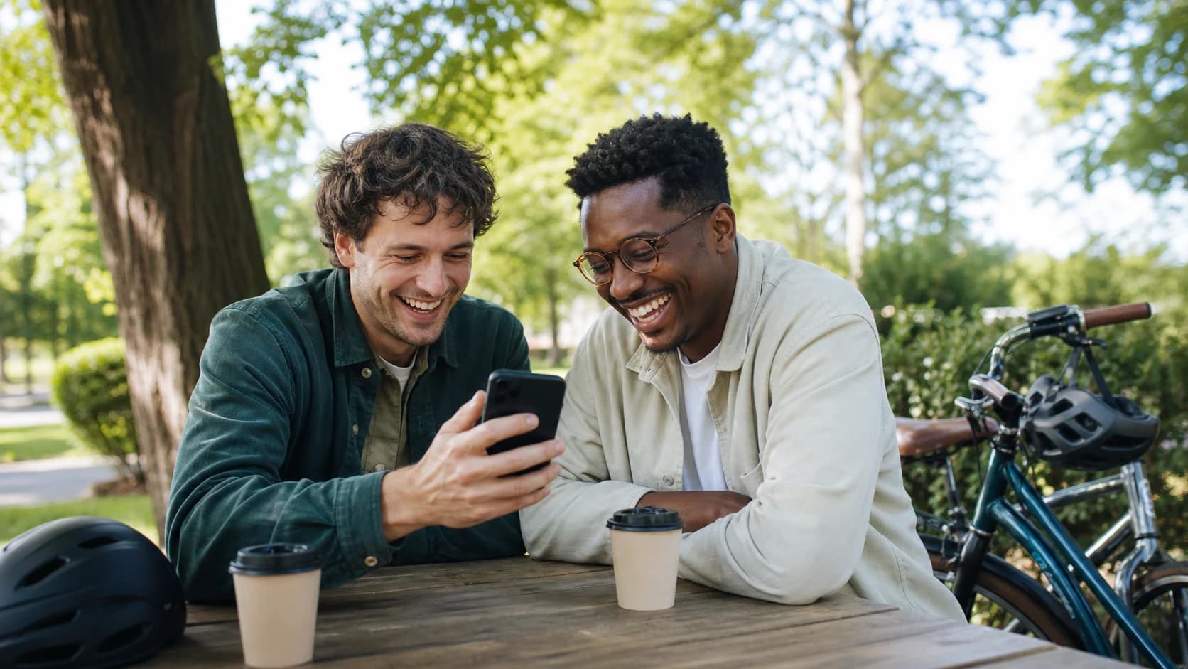 Two friends sharing a laugh while one checks a phone at a neighborhood picnic table