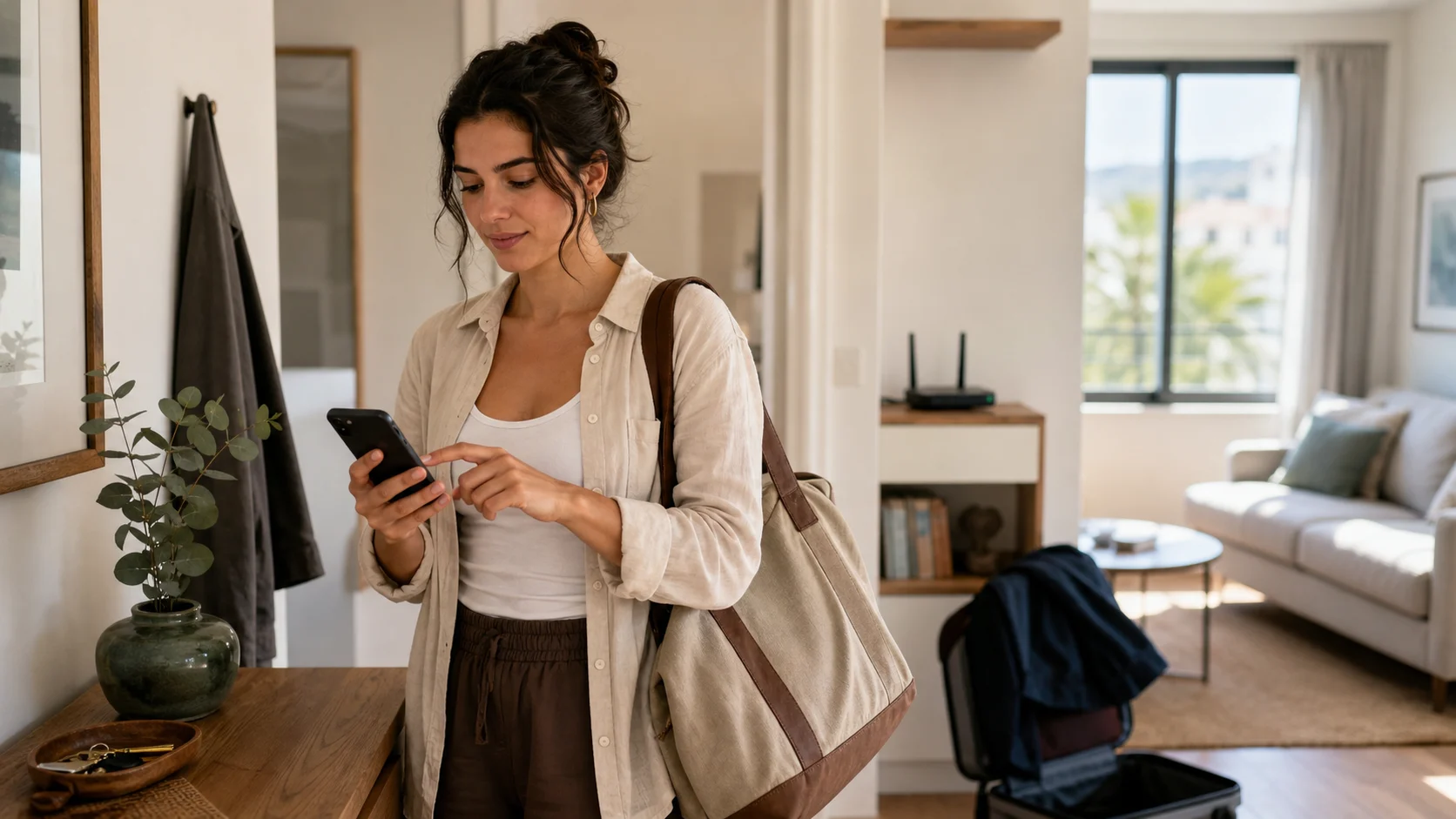A traveler setting up a phone after arriving at a bright vacation apartment