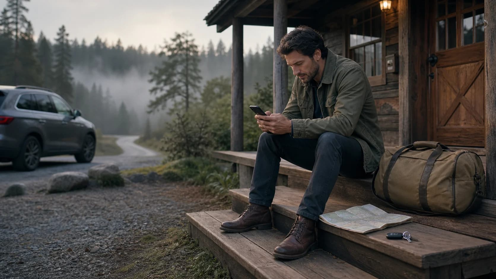 A road-trip driver checking a phone beside a rental cabin key and folded route map