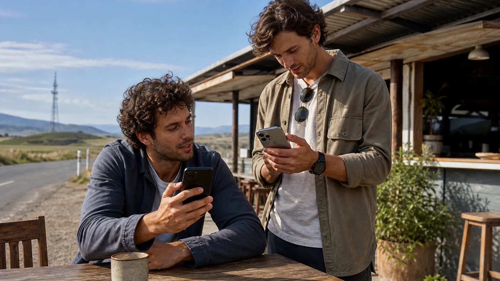 Two friends comparing one phone near a roadside cafe and cellular tower in the distance