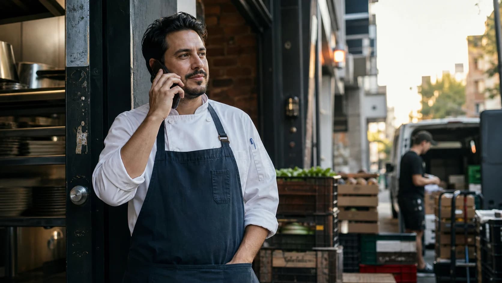 A chef taking a phone call outside the back door of a neighborhood restaurant