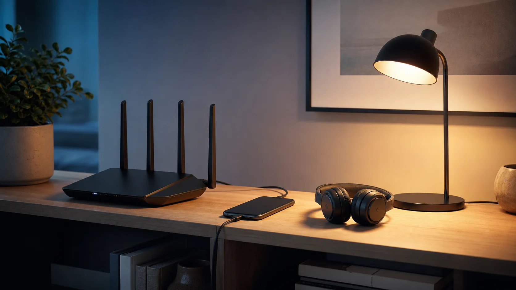 A phone resting near a home Wi-Fi router and headphones on a wooden media shelf