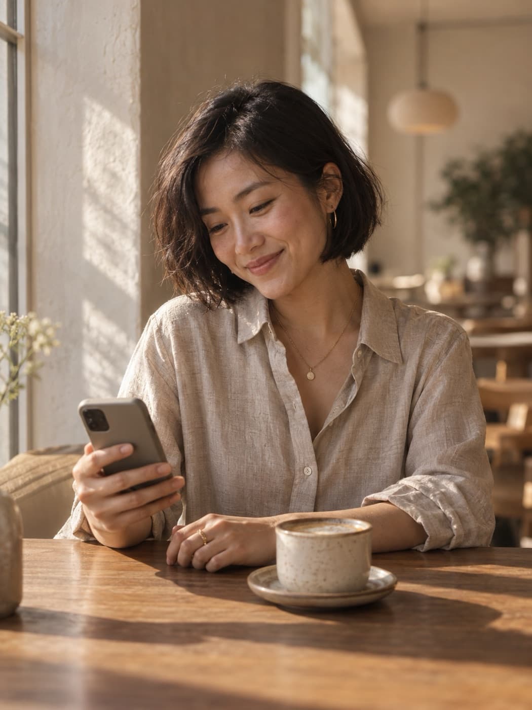 Person smiling at a text in a sunny cafe