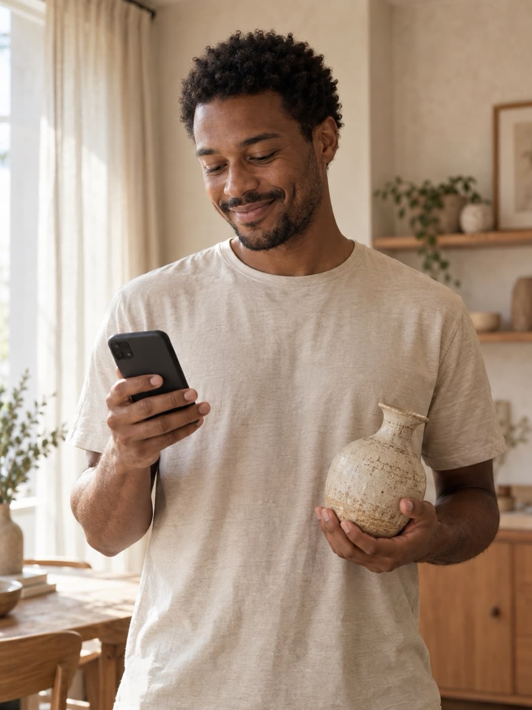 Person at home holding an item they are selling and their phone