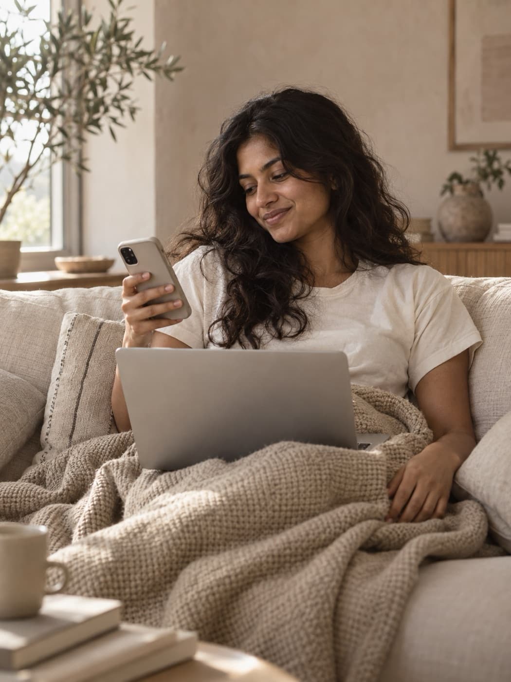 Person on a sofa with a laptop, checking their phone