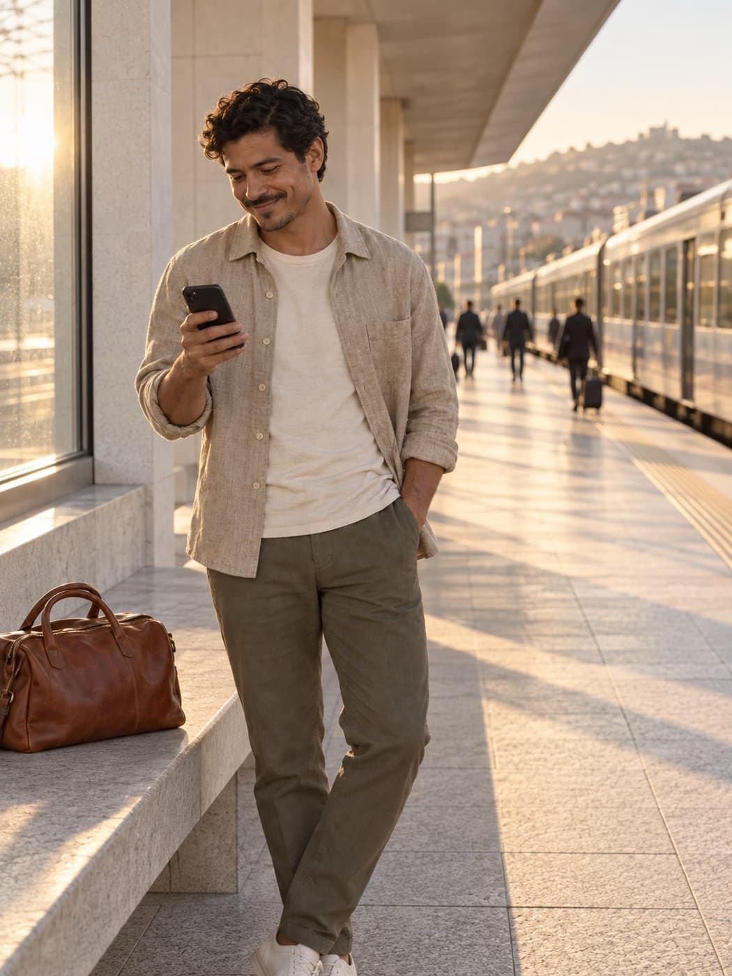 Traveler with a weekend bag smiling at their phone