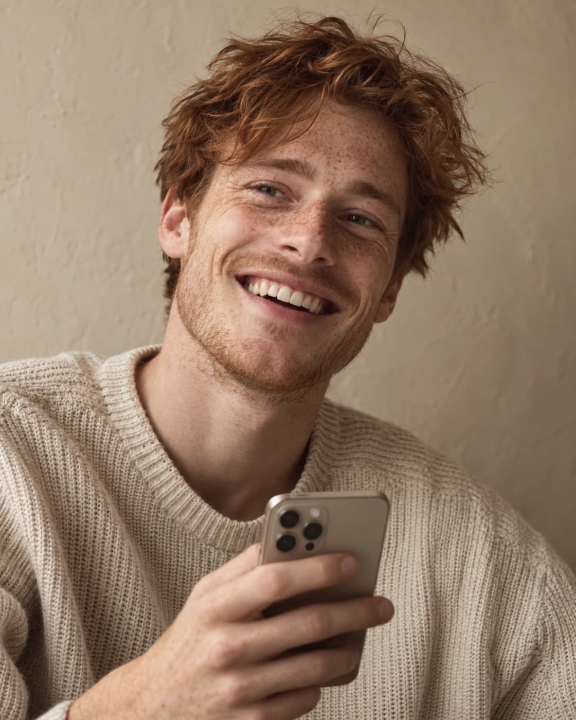 Person looking up from their phone with a big smile