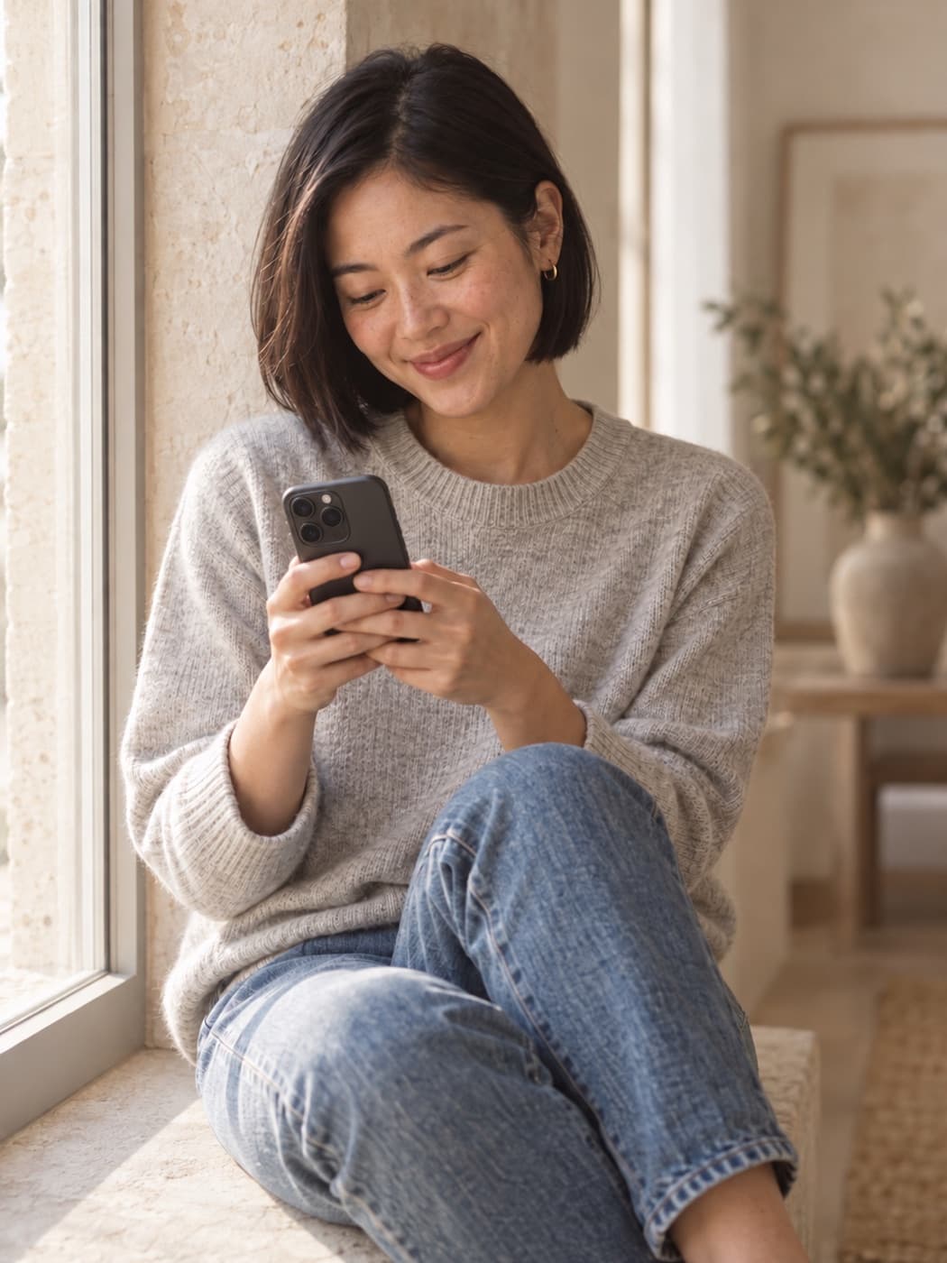Woman texting on a windowsill with a small smile