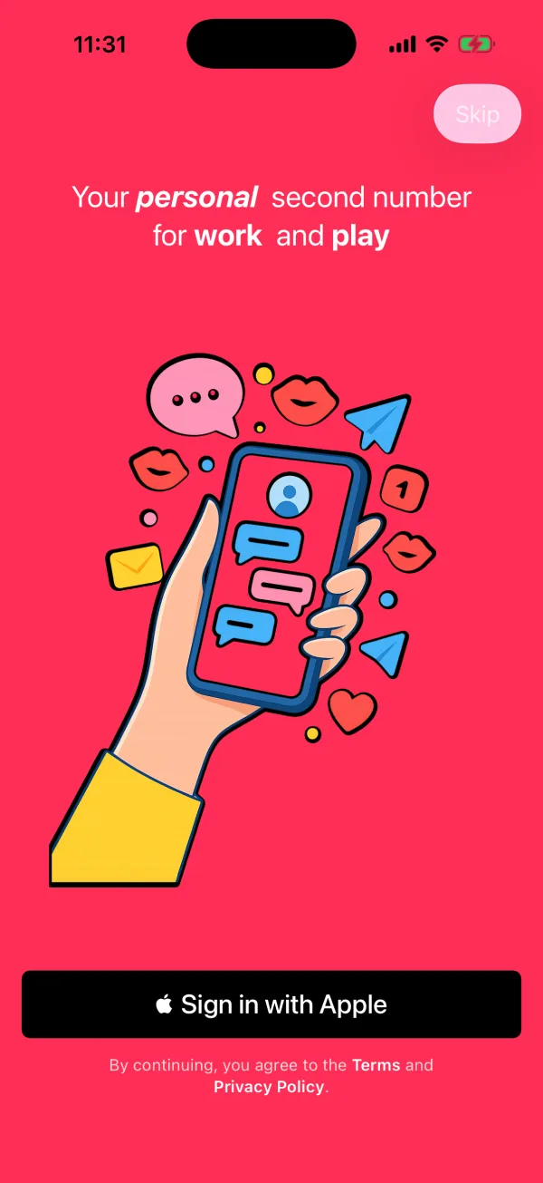 HashPhone welcome screen on iPhone reading "Your personal second number for work and play"