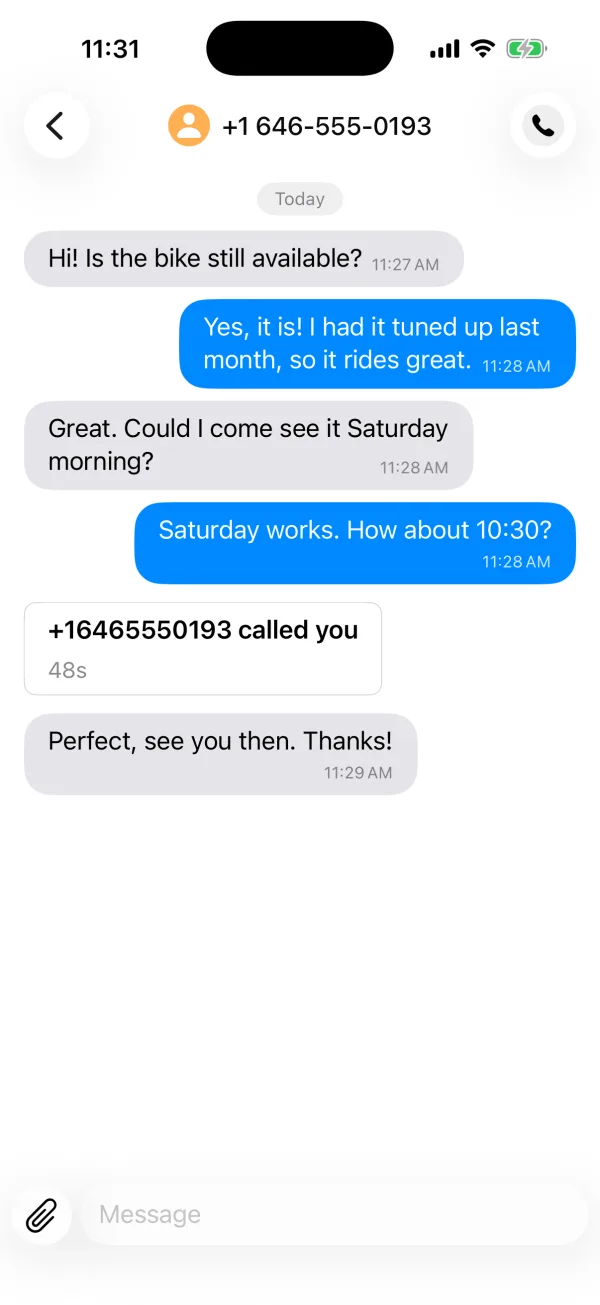 A HashPhone conversation on iPhone with text messages and a 48-second call from the same contact